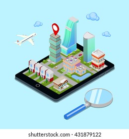 Isometric Mobile Navigation. Tourism Industry. Modern City on the Tablet Screen. Vector flat 3d illustration