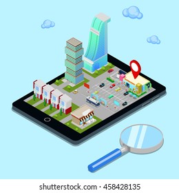 Isometric Mobile Navigation. Tourism Industry. Modern City on the Tablet Screen. Vector illustration