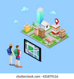 Isometric Mobile Navigation. Tourists Searching Route in the City. Vector flat 3d illustration