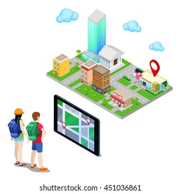 Isometric Mobile Navigation. Tourists Searching Supermarket in the City. Vector illustration