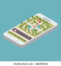  Isometric mobile navigation.Smartphone 
 GPS navigator.A city park with benches and a pond, trees and bushes.Road with cars.Map on mobile application with marker.Vector illustration.