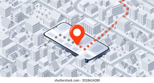 Isometric mobile navigator. Pin point on smartphone map, route through city vector illustration
