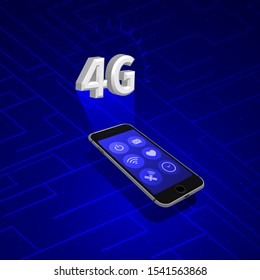 Isometric mobile network system. Wireless Internet of things technology. 4g, LTE digital ecosystem. Smartphone hologram, holographic project banner template for communication, web, vector background