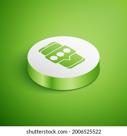 Isometric Mobile and password protection icon isolated on green background. Security, safety, personal access, user authorization, privacy. White circle button. Vector Illustration