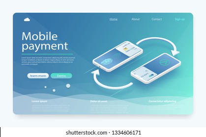 Isometric mobile payment concept. Mobile payment security transaction via credit card. Transfer money from credit card. Digital technology transfer pay. Isometric online payment online concept.