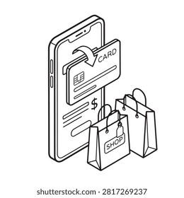 Isometric Mobile Payment and E-commerce Concept Illustration with Smartphone and Shopping Bags