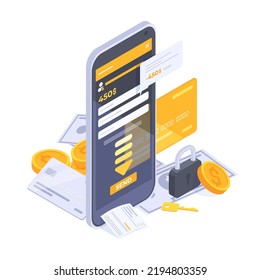 Isometric mobile payment, online banking transaction concept. Internet money transfer, smartphone payments vector illustration. Online money flow