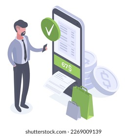 Servicio de pago móvil isométrico. Hombre haciendo compras en línea, usando aplicación de pagos electrónicos, transferencia de dinero en línea 3d ilustración vectorial