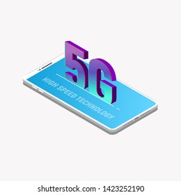 Isometric mobile phone and 5G network. Fast and new fifth network technology banner. 3D isometric modern mobile phone. Smartphone with 3D letters inside. Trendy gradient and isometric vector.