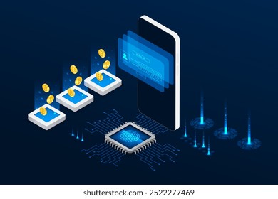 Teléfono móvil isométrico abstracto digital. Concepto de aplicación en línea de finanzas y operaciones.