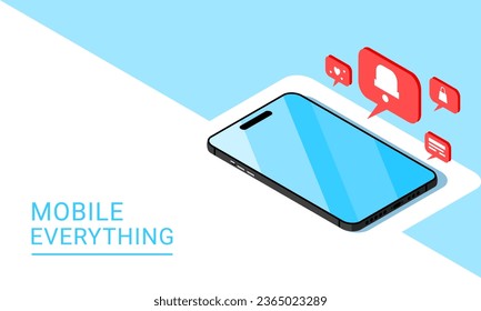 isometric mobile phone, banner, cover, phone with icon love, like, notification, chat, massage, shopping bag, vector illustration - Shutterstock ID 2365023289