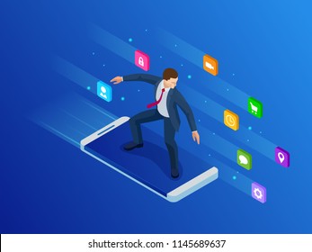 Isometric mobile phone and businessman. Virtual business Surfing. Smart and simple web interface with different apps and icons.