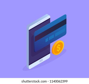 Isometric mobile phone with coin and credit card. Concept mobile payments. Vector 3d isometric illustration.