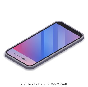 Isometric mobile phone with colorful display. Modern phone in flat style. Smartphone illustration isolated on white transparent background. Vector eps 10.