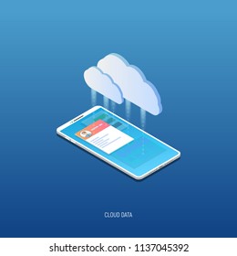 Isometric mobile phone connected to cloud storage server cloud icon. Personal information, social site photos and data transferred to cloud through binary code. Trendy gradient and isometric vector.