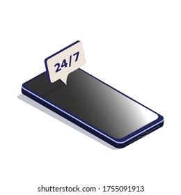 Isometric mobile phone for customer support online 24/7. Social media icon, modern communication device, chat bot. Service and shopping via internet. Flat trendy vector illustration. Isolated on white