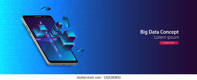 Isometric mobile phone. Ð’ig data flow processing concept, cloud database. Abstract technology background. Vector illustration