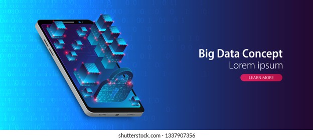 Isometric mobile phone. Вig data flow processing concept, cloud database. Abstract technology background. Vector illustration