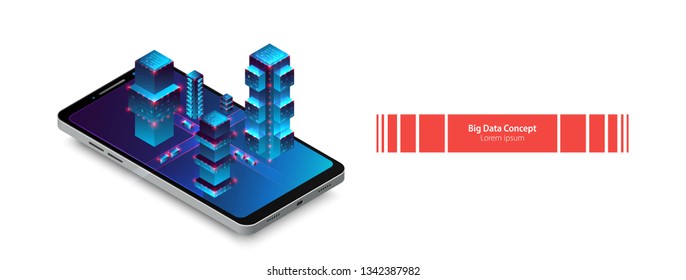 Isometric mobile phone. Ð’ig data flow processing concept, cloud database. Abstract technology background. Vector illustration