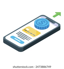 Isometric mobile phone displaying a successful payment with credit card and growth arrow