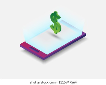 Isometric mobile phone with dollar icon. 3D vector illustration of smartphone on white flat surface.