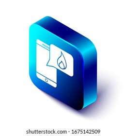 Isometric Mobile phone with emergency call 911 icon isolated on white background. Police, ambulance, fire department, call, phone. Blue square button. Vector Illustration