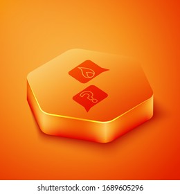 Isometric Mobile phone with emergency call 911 icon isolated on orange background. Police, ambulance, fire department, call, phone. Orange hexagon button. Vector Illustration