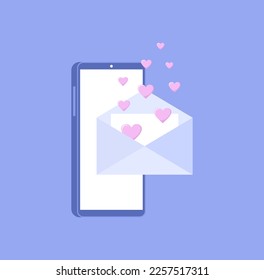 Isometric mobile phone with envelope and flying hearts on purple background. Sending a love letter or message. Vector illustration in flat style