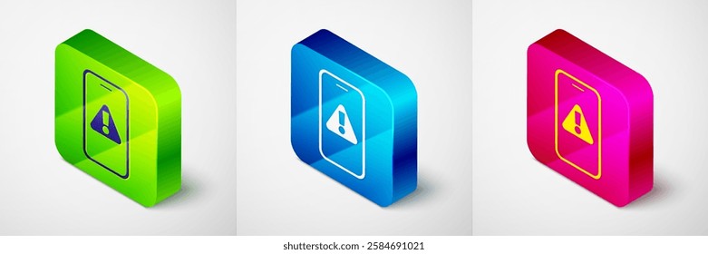 Isometric Mobile phone with exclamation mark icon isolated on grey background. Alert message smartphone notification. Square button. Vector