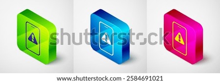 Isometric Mobile phone with exclamation mark icon isolated on grey background. Alert message smartphone notification. Square button. Vector