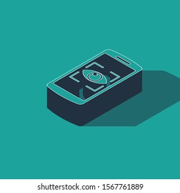 Isometric Mobile phone and eye scan icon isolated on green background. Scanning eye. Security check symbol. Cyber eye sign.  Vector Illustration