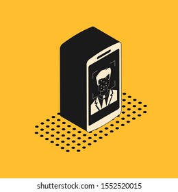 Isometric Mobile phone and face recognition icon isolated on yellow background. Face identification scanner icon. Facial id. Cyber security.  Vector Illustration