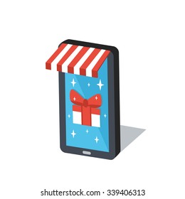 Isometric mobile phone with gift icon on screen. Mobile store concept. Vector illustration.