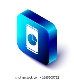 Isometric Mobile phone with graph chart icon isolated on white background. Report text file. Accounting sign. Audit, analysis, planning. Blue square button. Vector Illustration