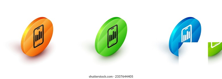 Teléfono móvil isométrico con icono de gráfico gráfico gráfico aislado en fondo blanco. Informe del archivo de texto. Signo de contabilidad. Auditoría, análisis, planificación. Botón Círculo. Vector