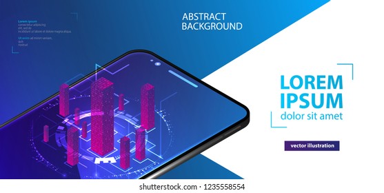 Isometric mobile phone.  Graphic concept for your design. Communication concept, futuristic digital innovation background