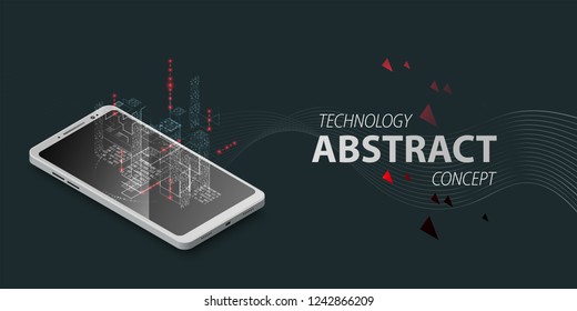 Isometric mobile phone.  Graphic concept for your design. Communication concept, futuristic digital innovation background