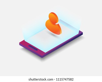 Isometric mobile phone with human icon. 3D vector illustration of smartphone on white flat surface.