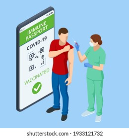 Isometric Mobile phone with immune digital health passport for covid-19. COVID-19 Immunity Passport, immunity certificate, vaccination certificate.