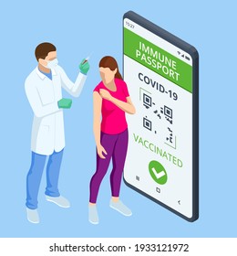 Isometric Mobile phone with immune digital health passport for covid-19. COVID-19 Immunity Passport, immunity certificate, vaccination certificate.