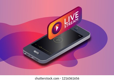 Isometric Mobile Phone And Instagram Live Video Stream Icon. IG Icon. Instagram Online Streaming Via Smartphone.  3d Isometric Vector Illustration.