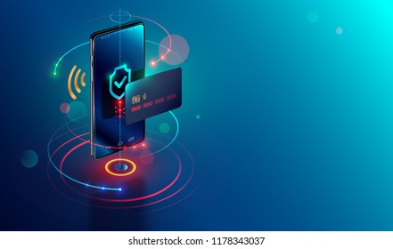 Isometric mobile phone and internet banking. online payment security transaction via  credit card. protection shopping wireless pay through smartphone. digital technology transfer pay. 