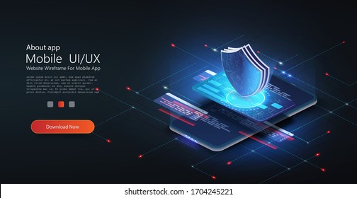 Isometric mobile phone and internet banking. Transfer money from card. smartphone and bank card on dark background. Phone data protection. Mobile payment protection. Vector illustration. Mobile app UX