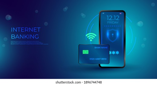 Isometric mobile phone and internet banking. online payment security transaction via credit card. protection shopping wireless pay through smartphone. Vector Illustration