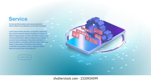 Isometric mobile phone and internet banking. online payment security  Smartphone frame less blank screen, rotated position. 3d isometric illustration cell phone. Smartphone