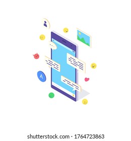 Isometric phone mobile phone internet concepto smartphone comunicación en medios sociales sms ilustración vectorial plana. 3d teléfonos diseño de red iconos web smartphones mensajes aislados en fondo blanco