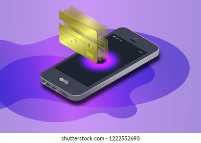 Isometric mobile phone, internet online banking. Isometric protection shopping wireless pay with smartphone. digital technology transfer pay. Online payment via credit card. high technology concept