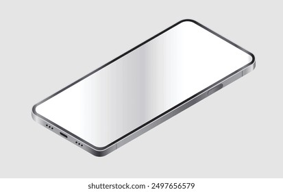 Isometric mobile phone laying down showing blank screen. Vector illustration on light grey background