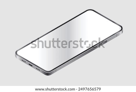 Isometric mobile phone laying down showing blank screen. Vector illustration on light grey background