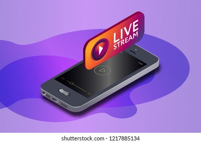 Isometric Mobile Phone And Live Video Stream Icon. Online Streaming Via Smartphone. 3d Isometric Vector Illustration. Social Media Concept